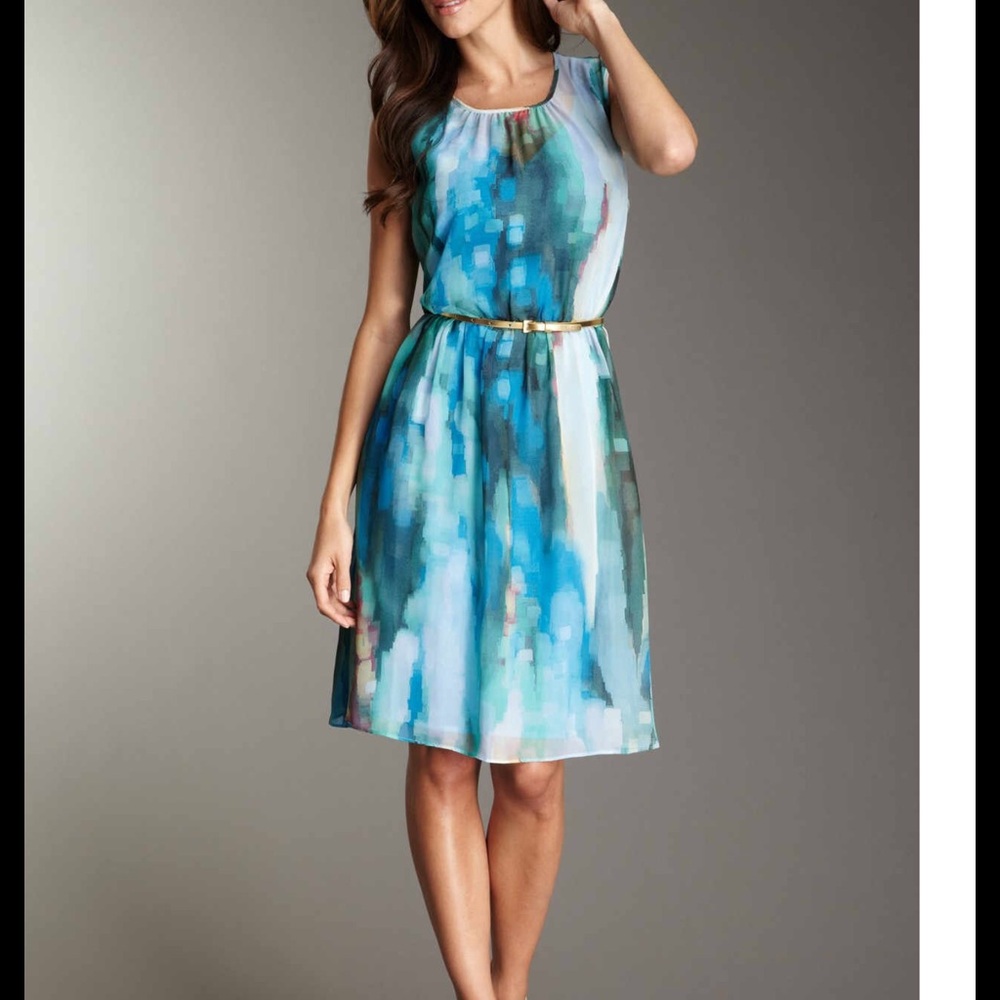 Ellen Tracy Blue Green Abstract Print Midi Dress